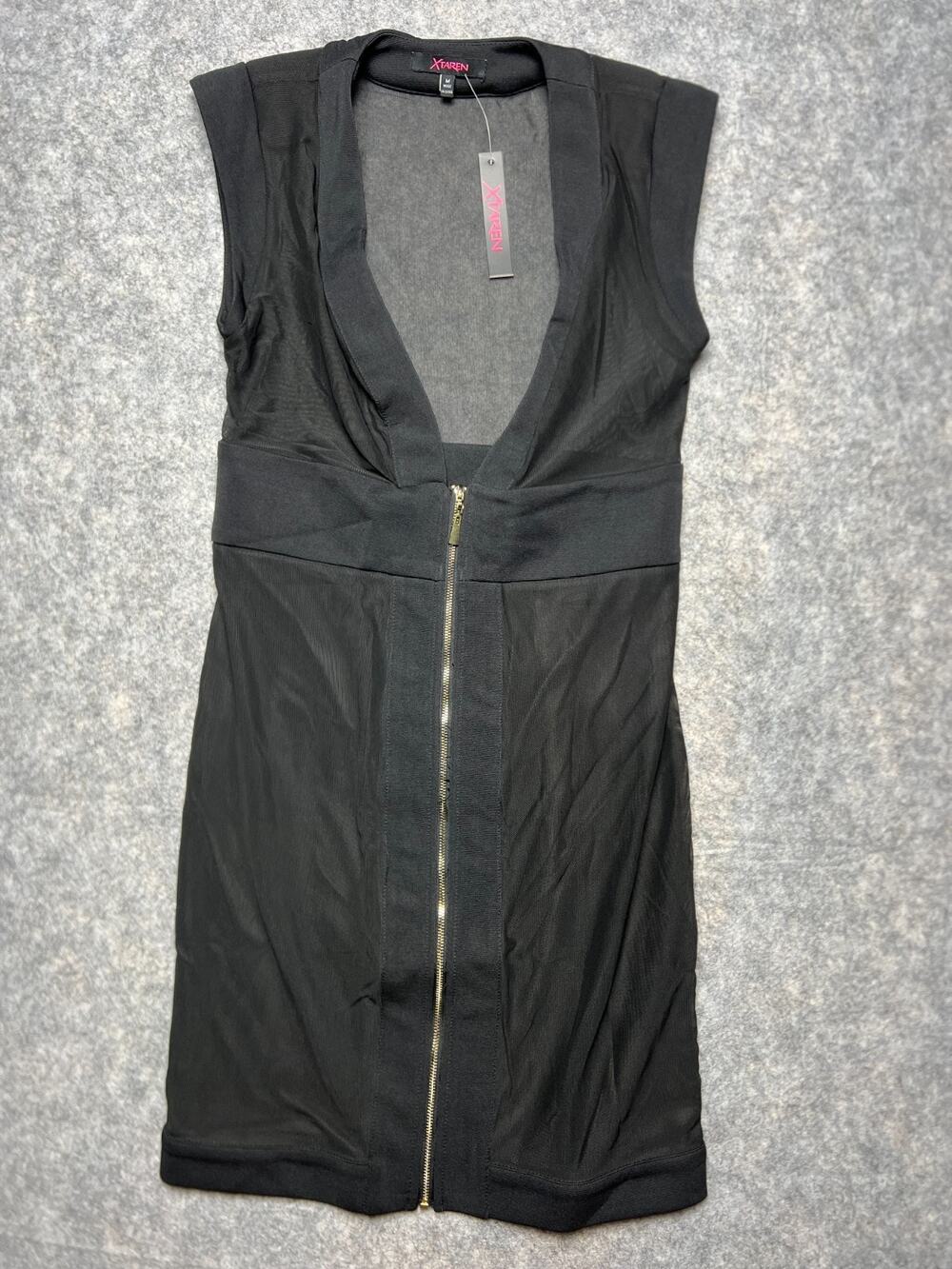 Xtaren Black Body Mini Dress Polyester NWT Size M Sleeveless Full Zip Front V
